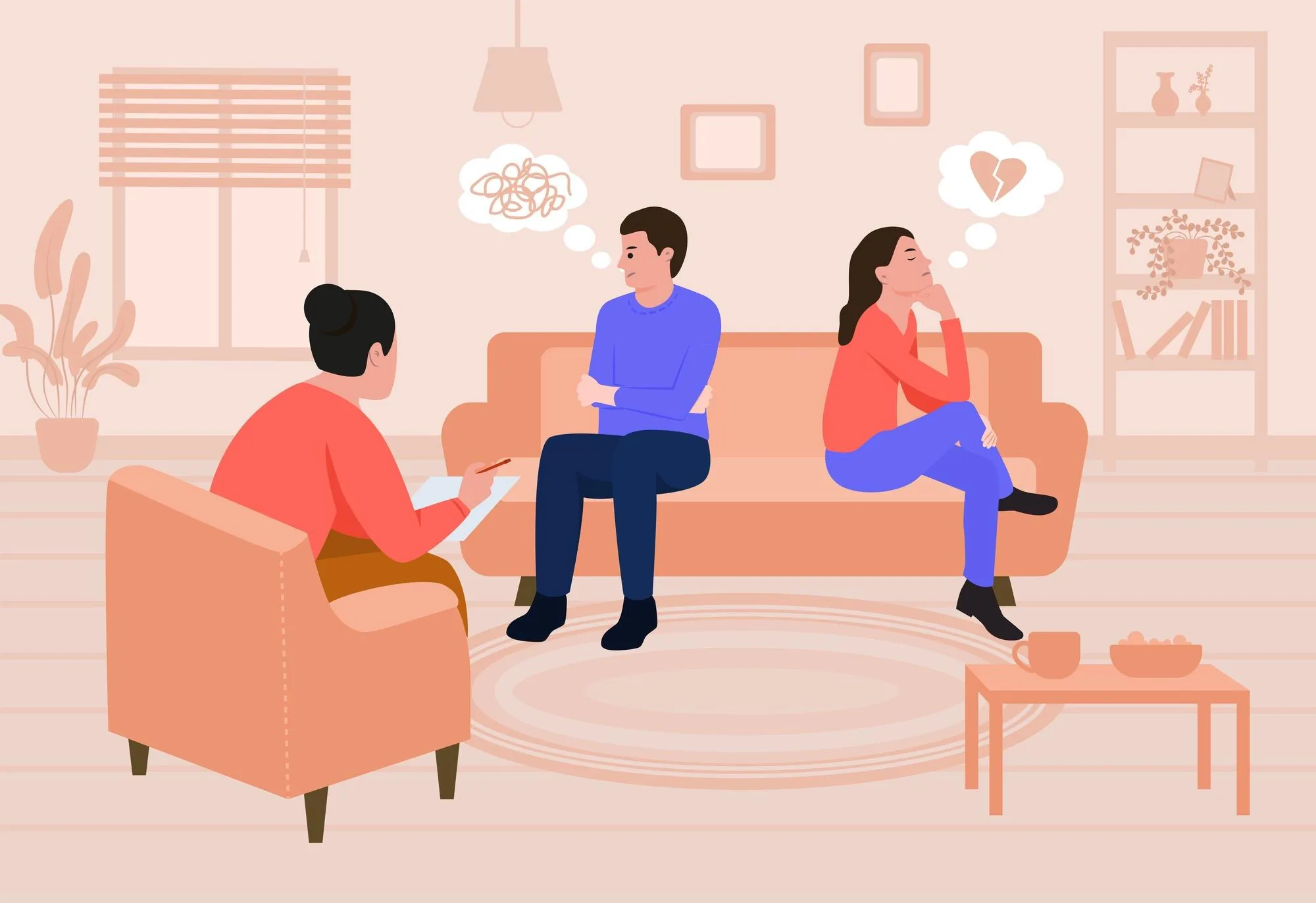 Illustrazione di una coppia che dialoga durante una seduta di terapia